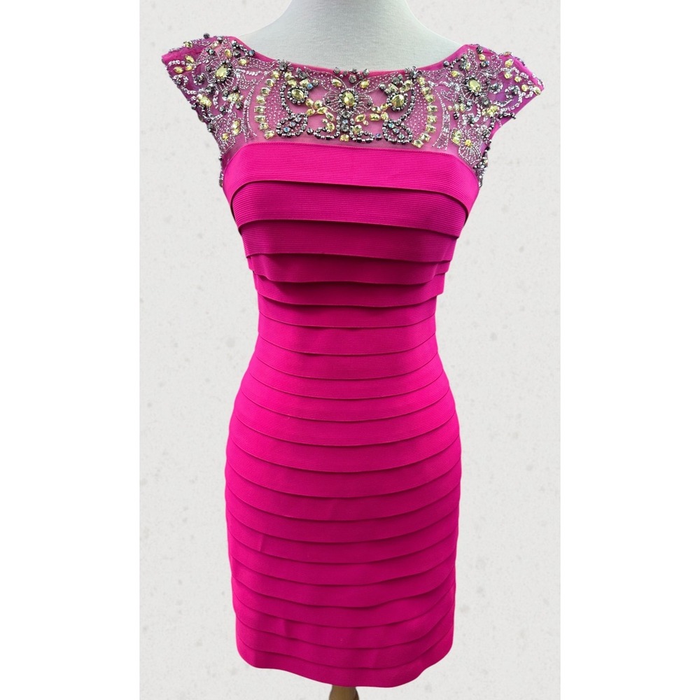 Sherri Hill Hot Pink Bandage Dress Size 4 Beaded Rhinestone Cocktail Prom Party - Picture 2 of 16